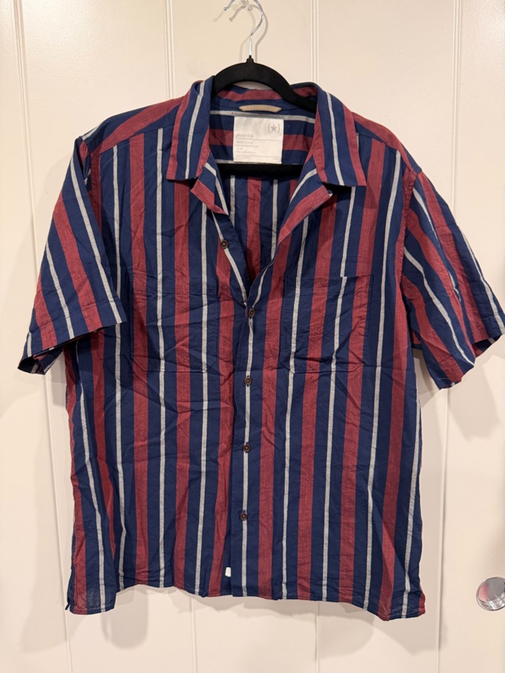 Banana Republic Short-Sleeve Button-Down Shirt - Navy, Burgundy & White Stripes